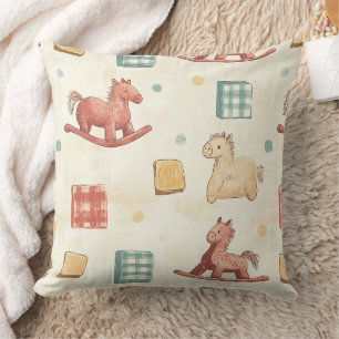 Muted Plaid Rocking Horse Cottage Pattern Throw Pillow