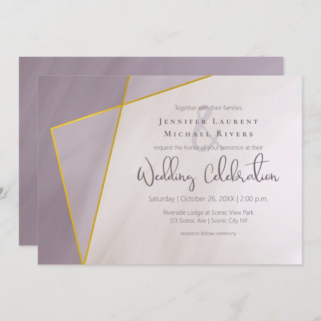 muted plum gold frame modern wedding invitation (Front/Back)
