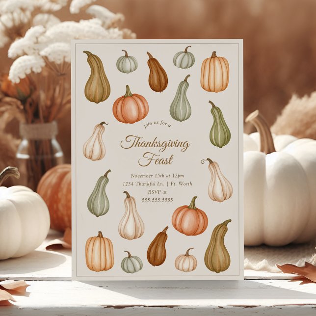 Muted Pumpkin and Gourd Thanksgiving Dinner Invitation (Creator Uploaded)