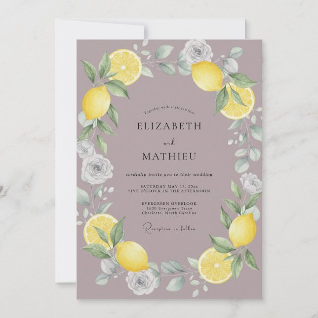 Muted Purple Lemon Eucalyptus Wedding Invitation (Front)