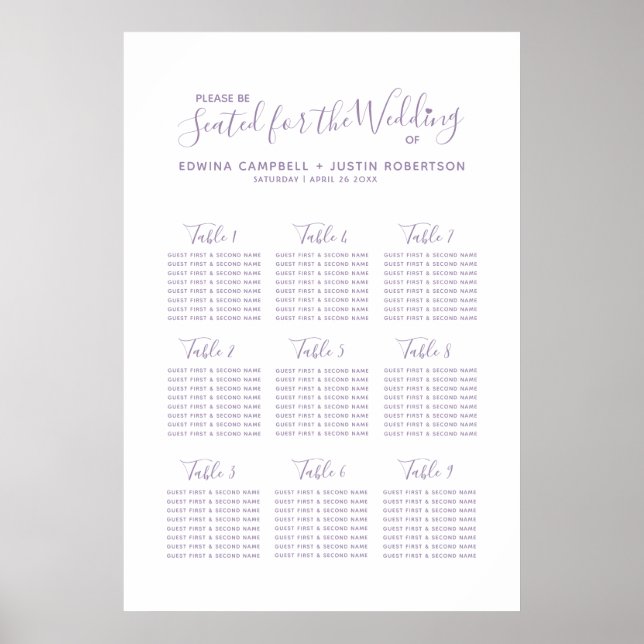 Muted purple script heart art wedding table plan poster (Front)