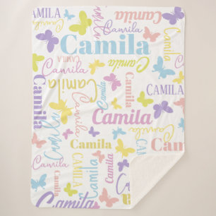 Muted rainbow butterflies custom name Camila Sherpa Blanket