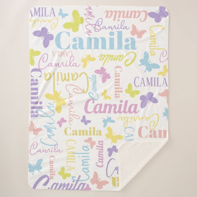 Muted rainbow butterflies custom name Camila Sherpa Blanket (Front)