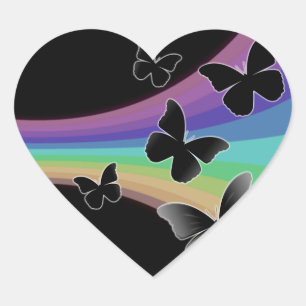 Muted Rainbow Butterflies on Black Heart Sticker