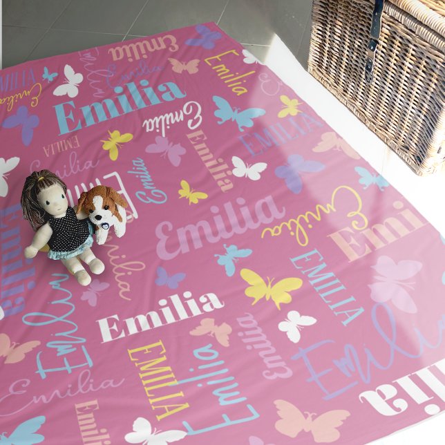 Muted rainbow butterfly custom name Emilia pink Fleece Blanket (Creator Uploaded)