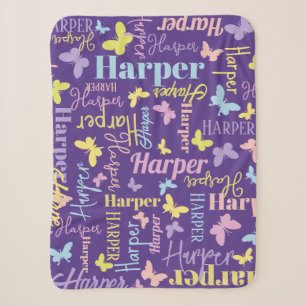 Muted rainbow butterfly custom name Harper purple Sherpa Blanket