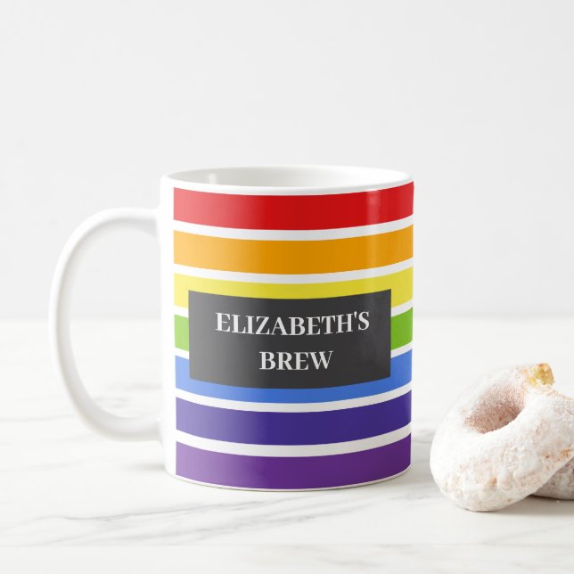 Muted Rainbow Striped Custom Name's Brew Coffee Mug (With Donut)