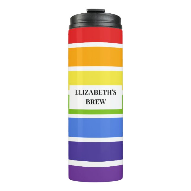 Muted Rainbow Striped Custom Name's Brew Thermal Tumbler (Front)