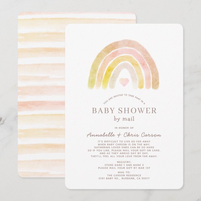 Muted Rainbow Watercolor Pink Baby Shower by Mail Invitation (Front/Back)
