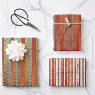 Muted Red and Green Stripe Fall Wrapping Paper Sheet