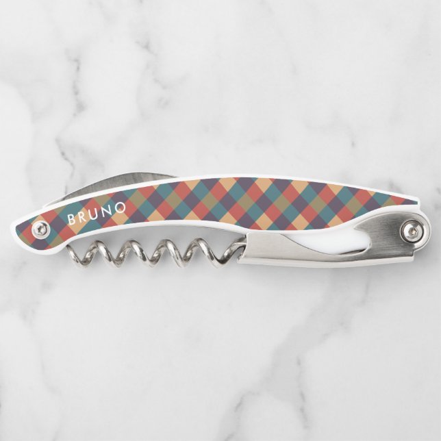 Muted red green and beige plaid pattern corkscrew (Back)