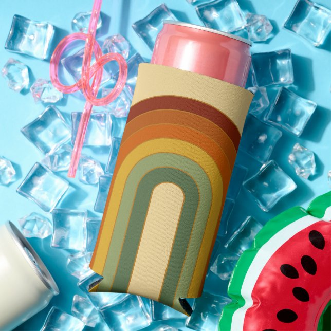 Muted Retro Seventies Groovy Layered Rainbow Seltzer Can Cooler (In Situ Summer)