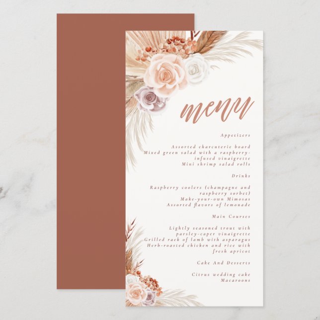 Muted Rose Pampas Terracotta Boho Wedding Menu (Front/Back)