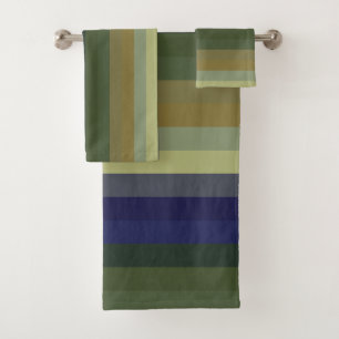 Muted Sage Blues & Olive Green Stripes  Bath Towel Set