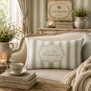 Muted Sage French Country Stripes Vintage Rustic Lumbar Pillow