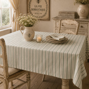 Muted Sage French Country Stripes   Vintage Rustic Tablecloth
