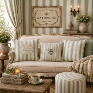 Muted Sage French Country Stripes Vintage Rustic Throw Pillow