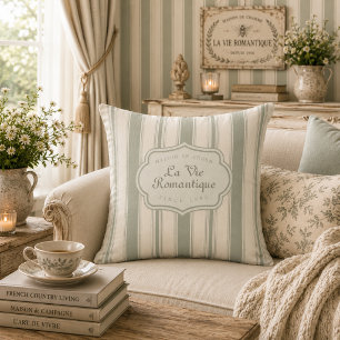 Muted Sage French Country Stripes Vintage Rustic Throw Pillow