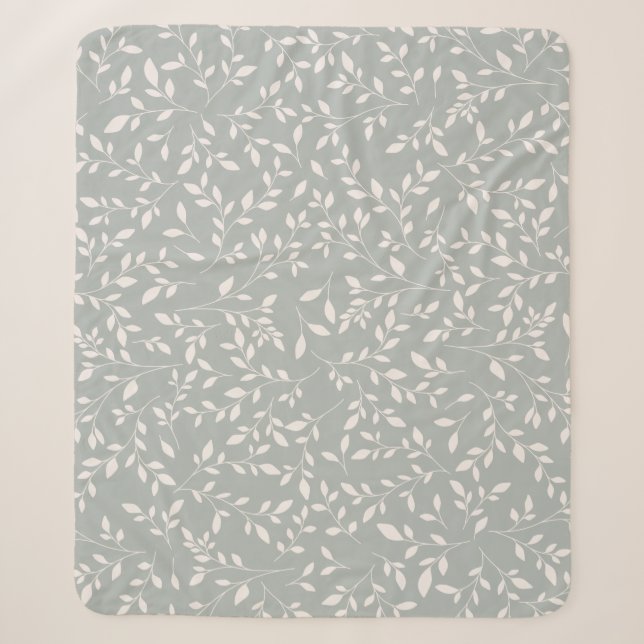 Muted Sage Green and Cream Botanical Vine Pattern Sherpa Blanket (Front)