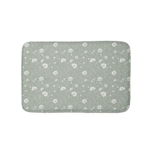 Muted Sage Green And White Wildflower Pattern Bath Mat
