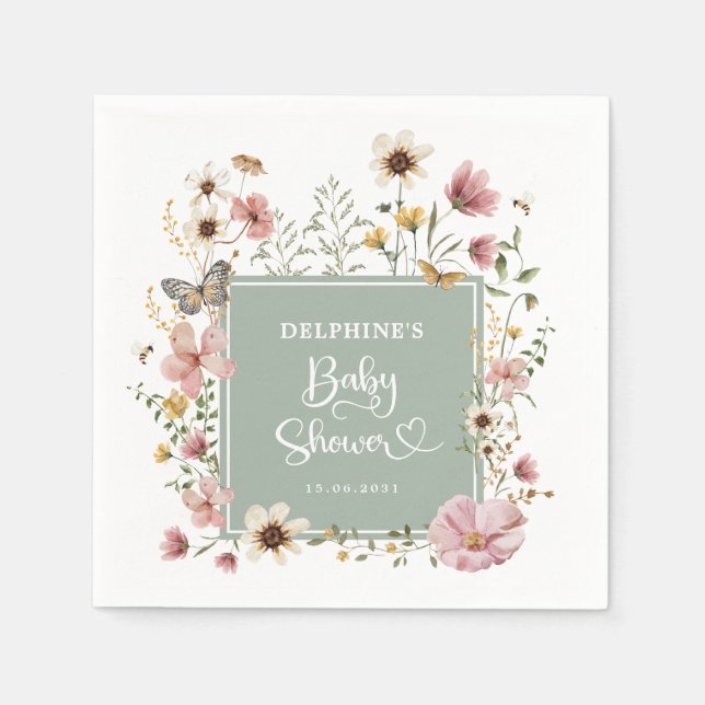 Muted Sage Green Boho Wildflower Baby Girl Shower Napkin (Front)