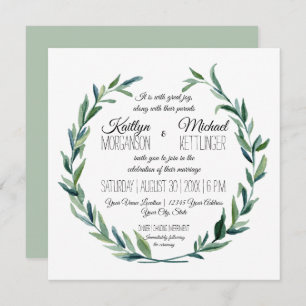 Muted Sage Laurel Wreath Olive Leaf Branch Modern Invitation