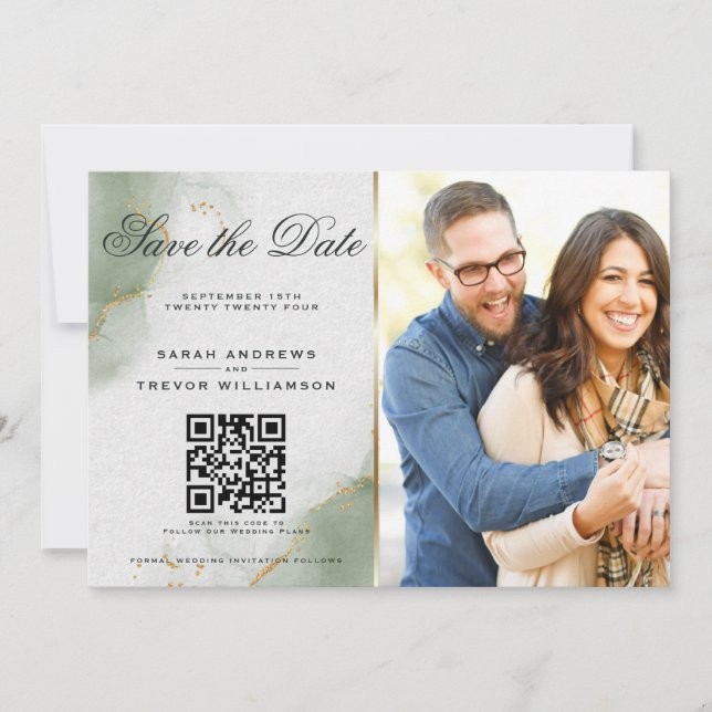 Muted Sage Photo & QR Code Save the Date Invitation (Front)