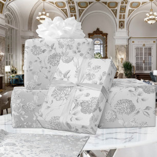 Muted Satin Silver Gray Floral Wedding Wrapping Paper