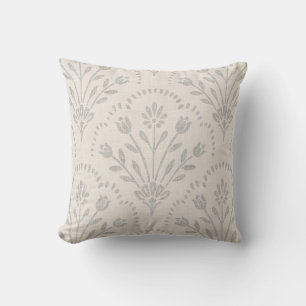 Muted Soft Grey Floral Scallop Block Print Throw Pillow