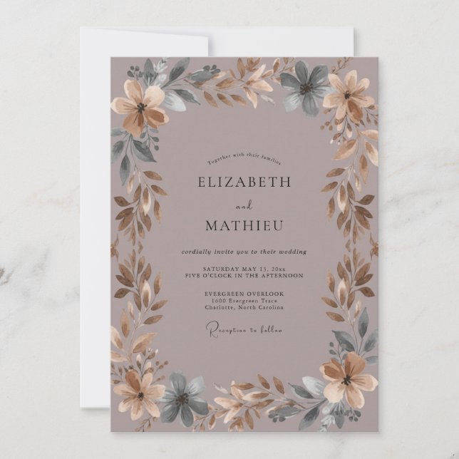 Muted Soft Mauve Leafy Wedding Invitation (Front)
