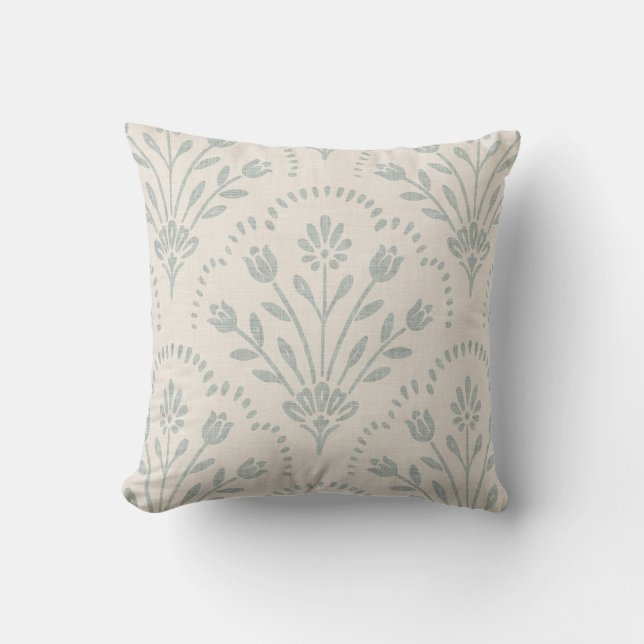 Muted Soft Sage Green Folk Floral Scallop Pattern Throw Pillow (Front)