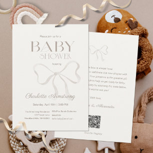 Muted Taupe Watercolor Bow Minimalist Baby Shower Invitation