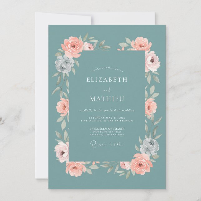 Muted Teal Peach Watercolor Wedding Invitation (Front)