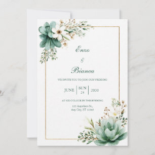 Muted Teal Watercolor Succulent Gold Frame Wedding Invitation