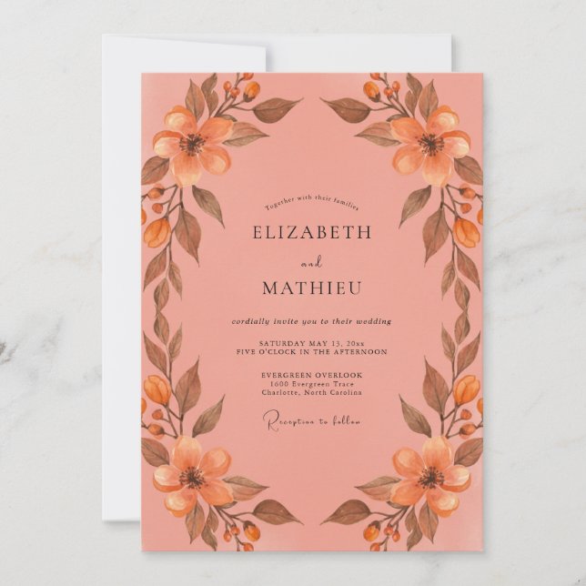 Muted Terracotta Painted Foliage Wedding Invitation (Front)