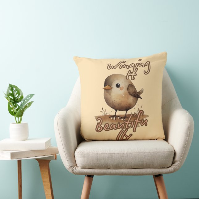 Muted Tiny Whimsical Bird Throw Pillow (Chair)