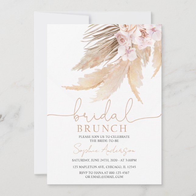 Muted Tones Bohemian Pampas Grass Bridal Brunch Invitation (Front)