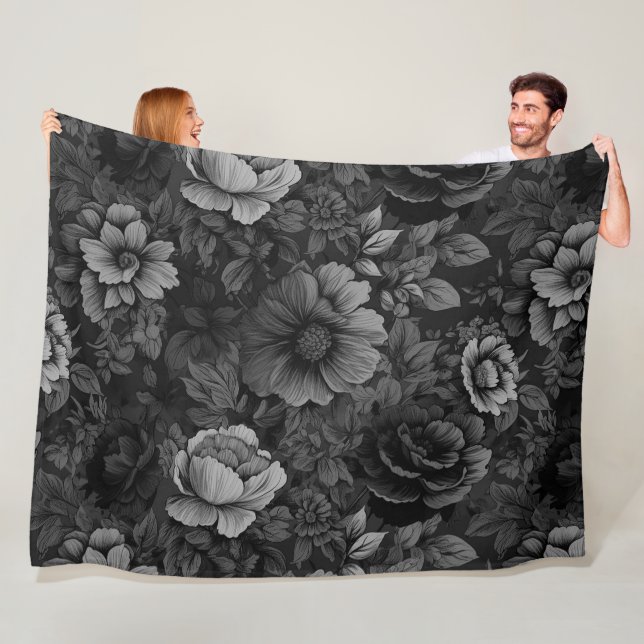 Muted Tones of Grey Floral  Fleece Blanket (In Situ)