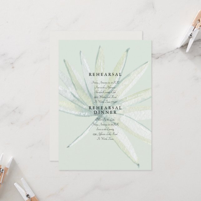 Muted Tropical Foliage Wedding Mint Rehearsal  Invitation (Front/Back In Situ)