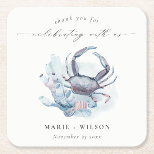 Muted Underwater Crab Coral Nautical Wedding Square Paper Coaster