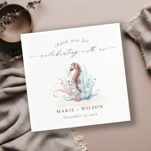 Muted Underwater Seahorse Seaweed Coral Wedding Napkin (Creator Uploaded)