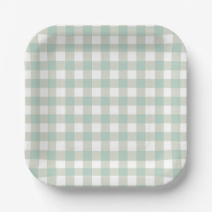 Muted Vintage Classic Gingham Check Greyish Blue Paper Plate