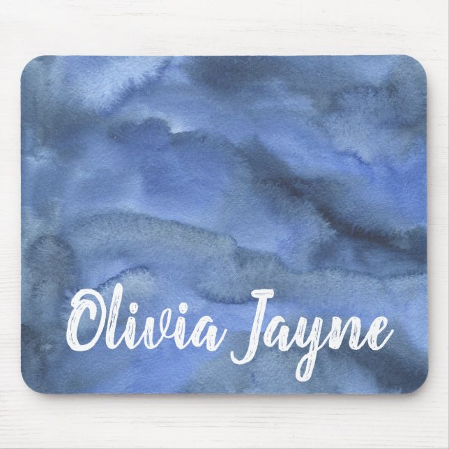 Muted Watercolor Blue Texture Name Custom Mouse Pad (Front)