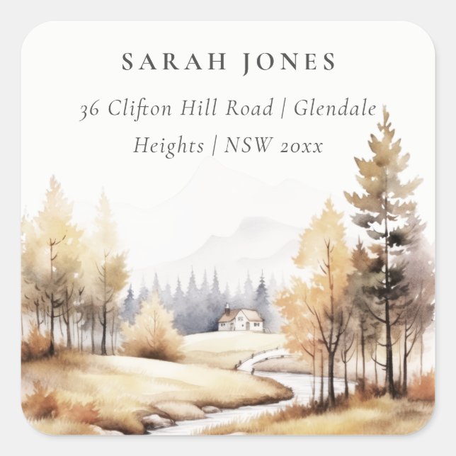 Muted Watercolor Fall Autumn Landscape Address Square Sticker (Front)