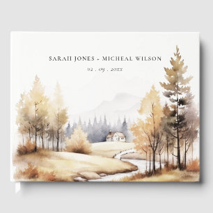 Muted Watercolor Fall Autumn Landscape Wedding Guest Book