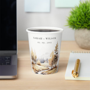 Muted Watercolor Fall Autumn Landscape Wedding Paper Cups
