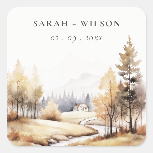 Muted Watercolor Fall Autumn Landscape Wedding Square Sticker (Front)