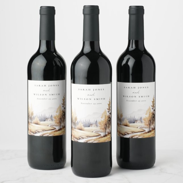 Muted Watercolor Fall Autumn Landscape Wedding Wine Label (Bottles)