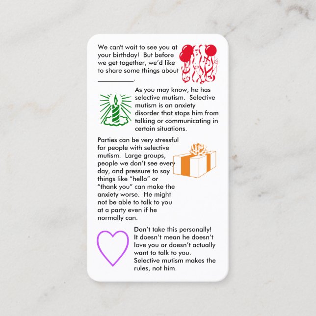 Mutisme sélectif Anniversaire Garçon Carte de visi (Devant)