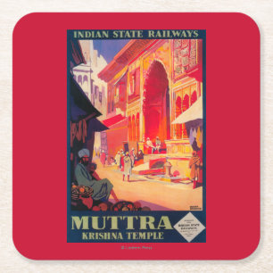 Muttra Krishna Temple Travel Poster Square Paper Coaster